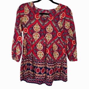 Red Camel Boho Scoop Neck Peasant Top XS Lightweight Colorful Soft Rayon Summer